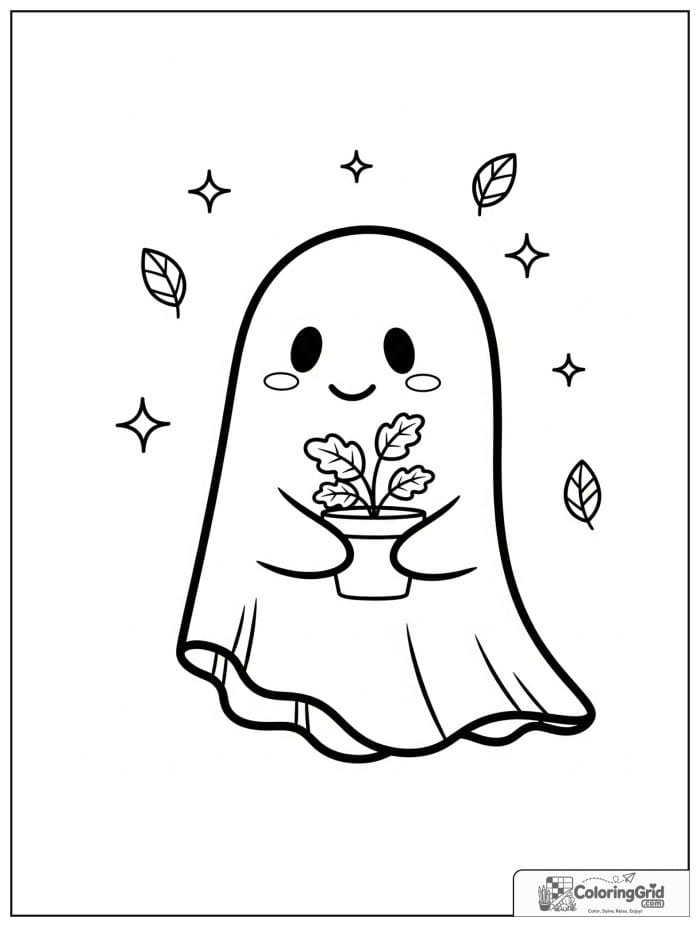 Cute ghost holding a potted plant with leaf details in the background.