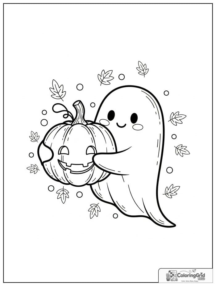 Cute ghost hugging a pumpkin with small leaf decorations.
