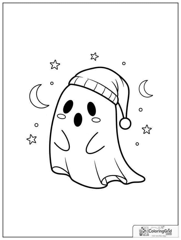Cute ghost wearing a sleeping cap with moon and star details.