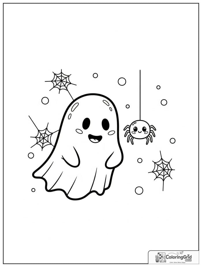 Cute ghost with a tiny spider friend and small web details.