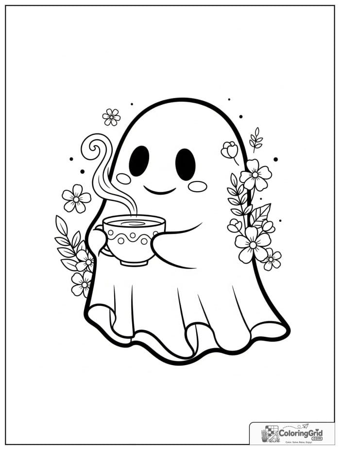 Cute ghost holding a teacup with small steam and flower details.