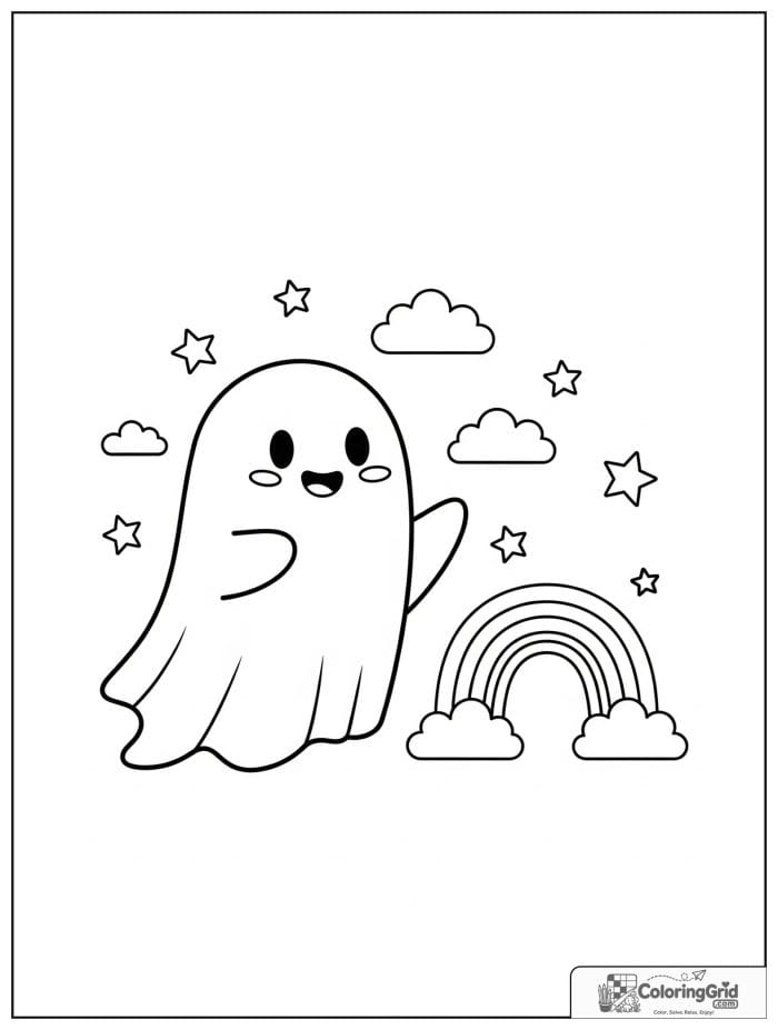 Cute ghost beside a tiny rainbow with cloud and star details.