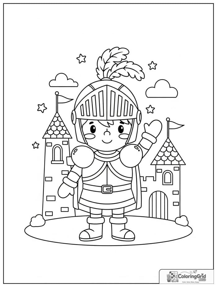 Knight Coloring Pages featuring a cute knight waving by a castle.