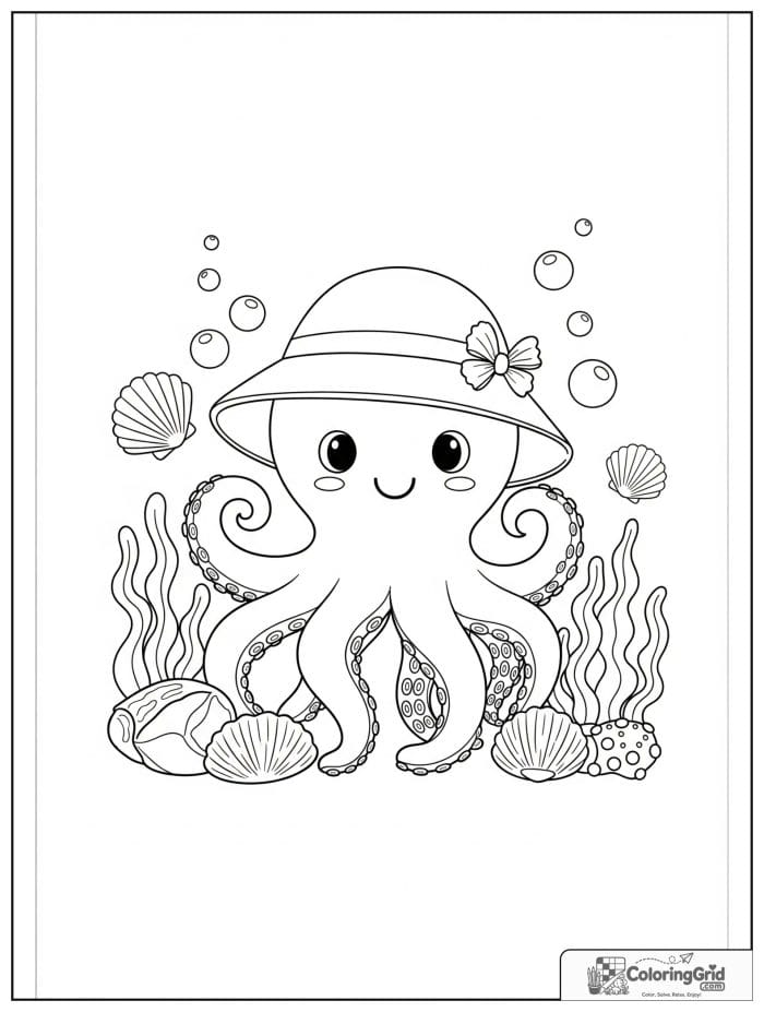 Summer Coloring Pages showing a cute octopus with a summer hat.