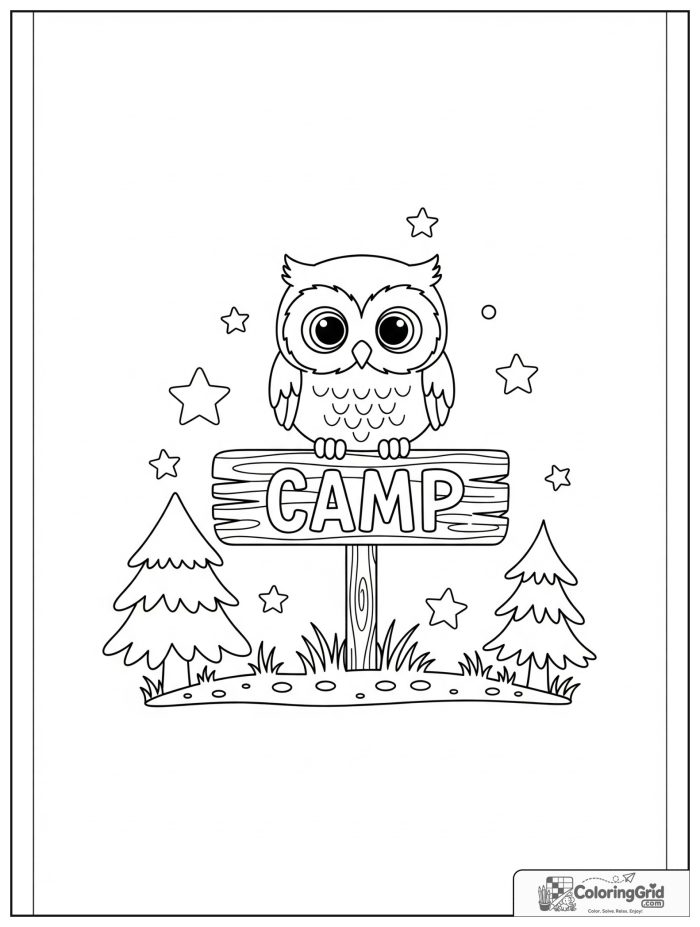 Summer Camp Coloring Pages featuring a cute owl on a camp sign.