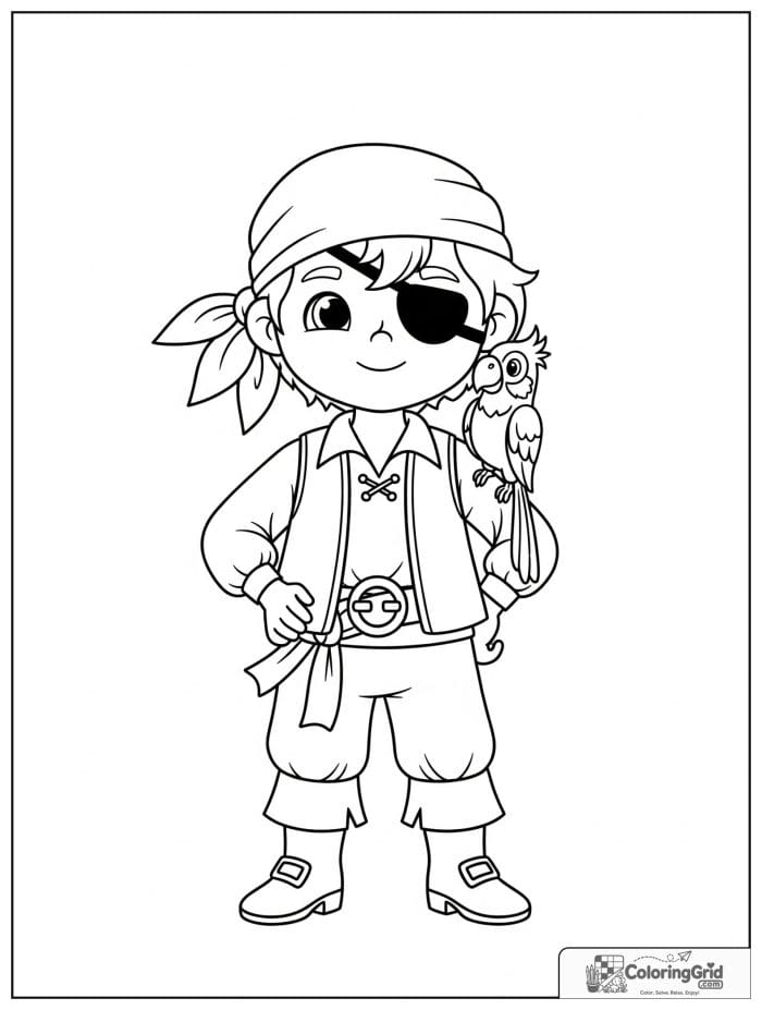 Cute pirate boy with a parrot on his shoulder.
