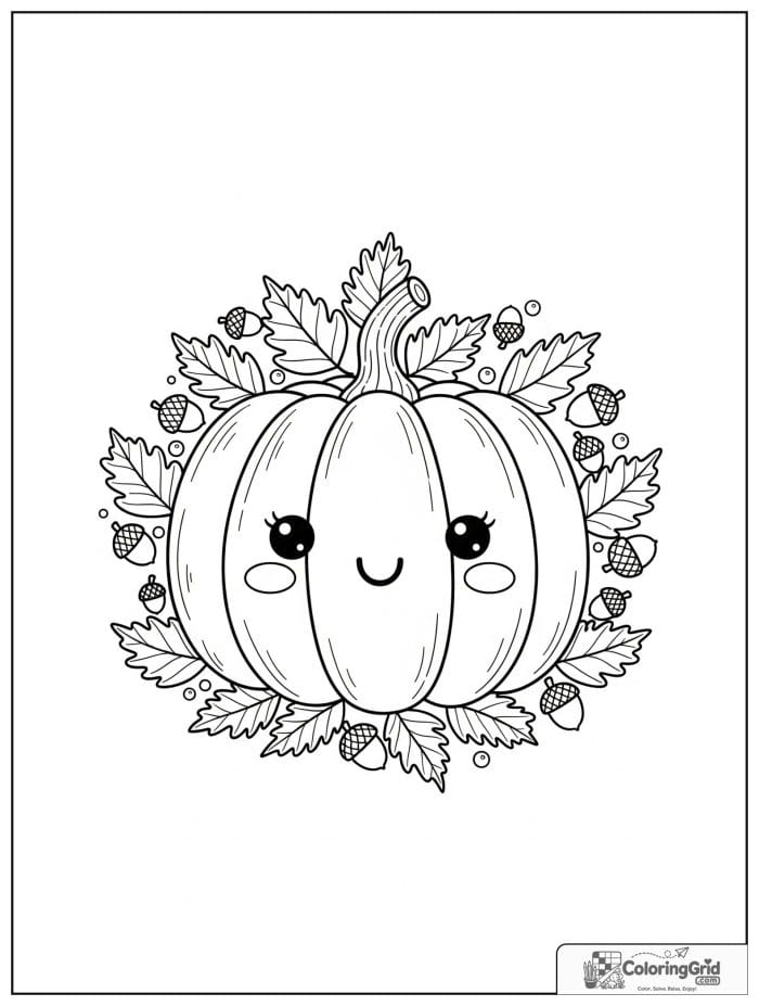 Fall Coloring Pages featuring a cute pumpkin with leaves.