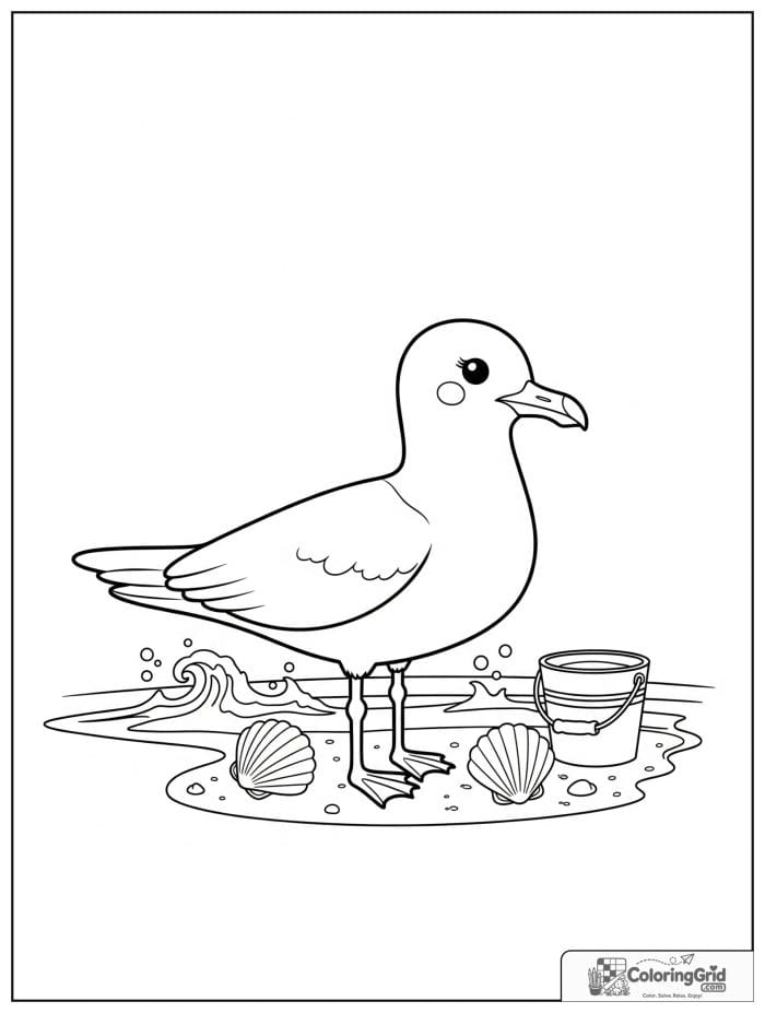 Summer Coloring Pages showing a cute seagull with shells.