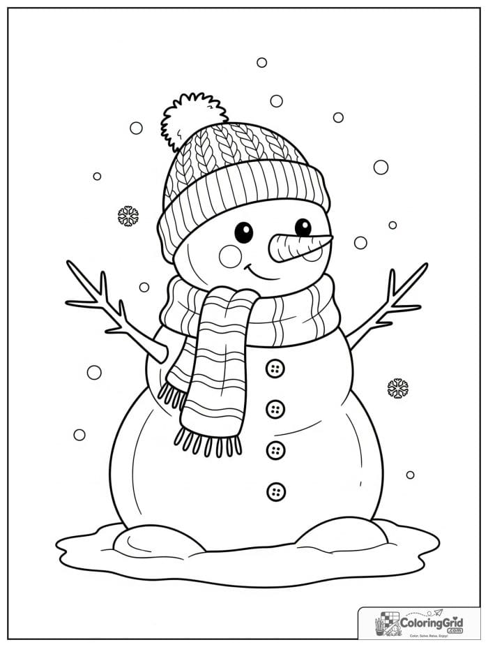Winter Coloring Pages featuring a cute snowman with a scarf.