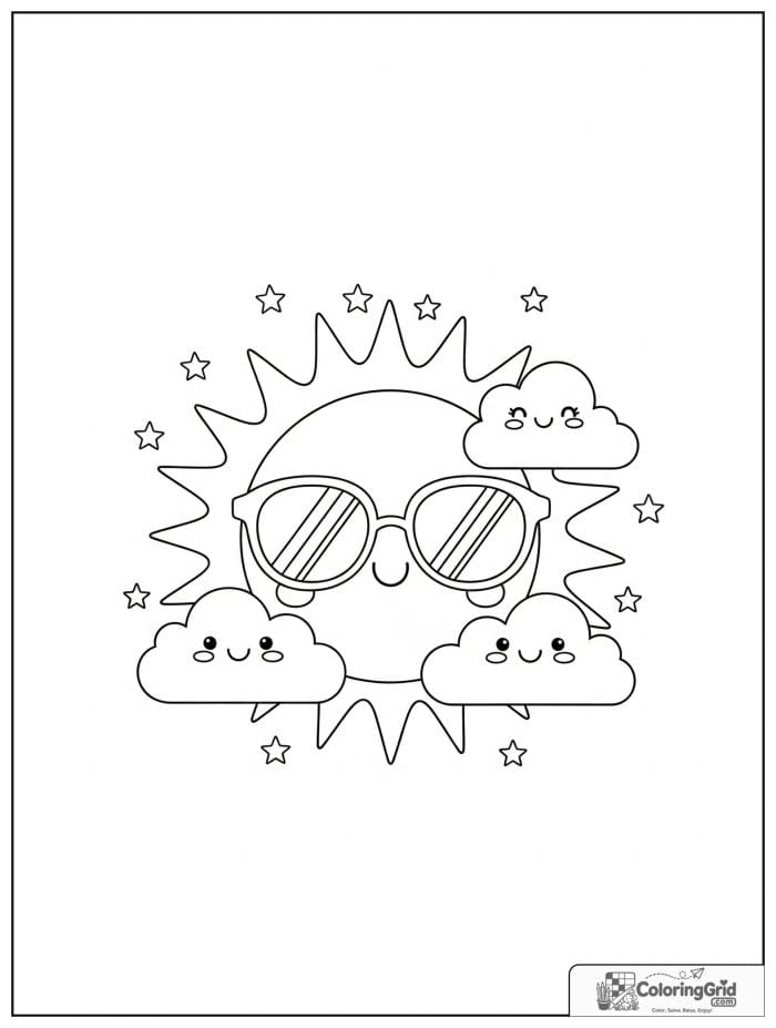 Summer Coloring Pages featuring a cute sun with sunglasses.