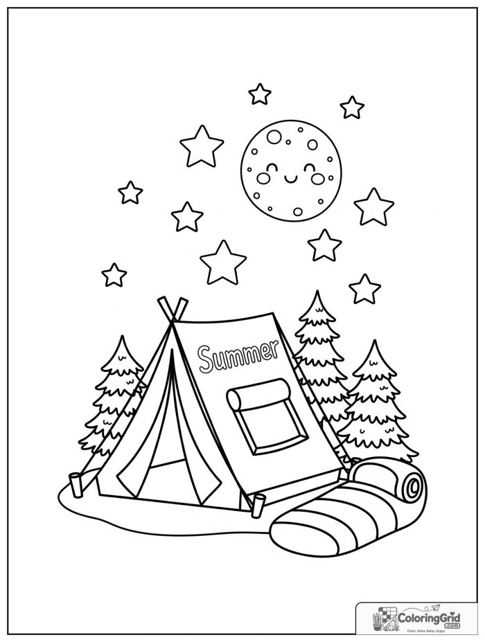 Summer Camp Coloring Pages featuring a cute tent under summer stars.