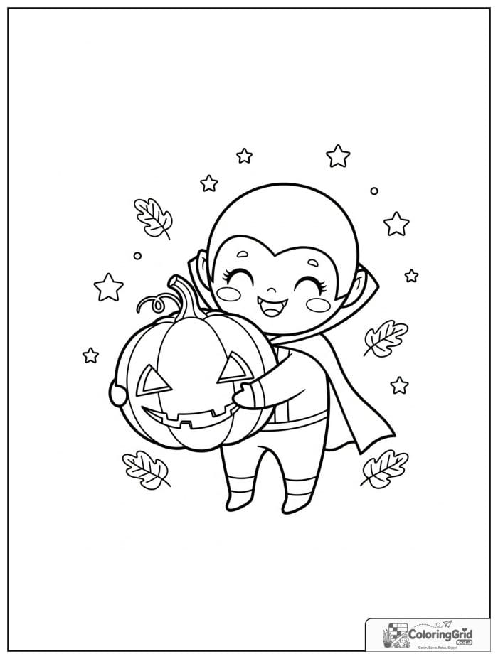 Vampire Coloring Pages showing a cute vampire holding a pumpkin.