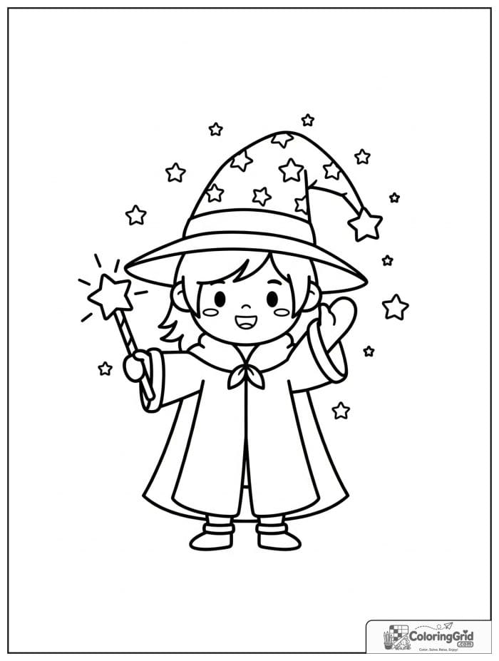Wizard Coloring Pages featuring a cute wizard waving with a star wand.