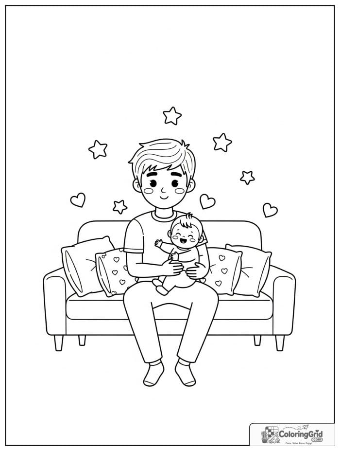 Dad sitting on a couch with a baby for Father's Day.