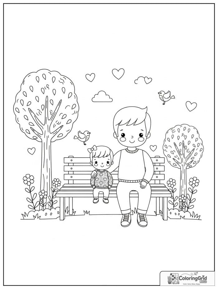 Dad and child sitting on a park bench for Father's Day.