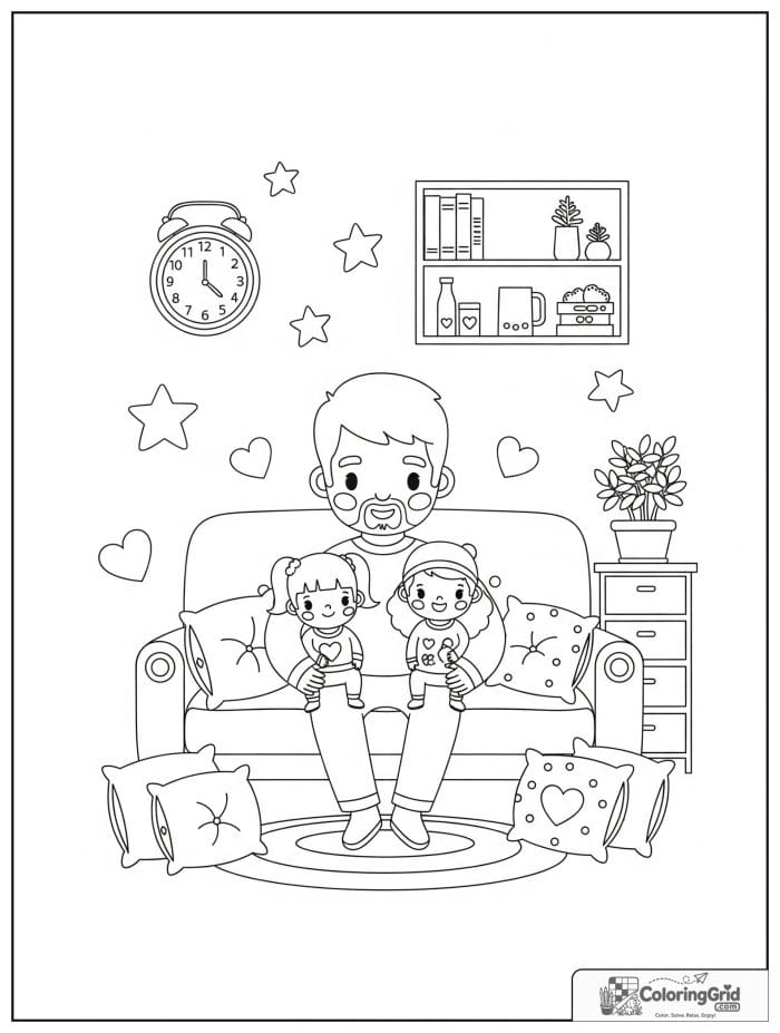 Dad sitting on a sofa with kids for Father's Day.