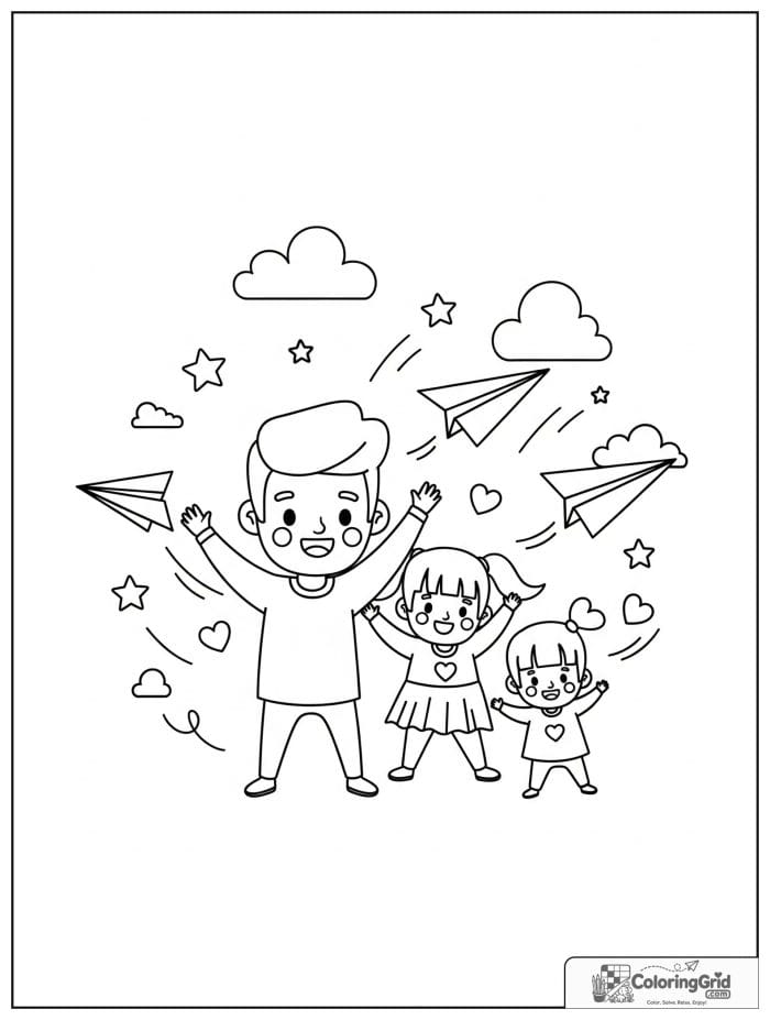 Dad and kids playing with paper airplanes for Father's Day.