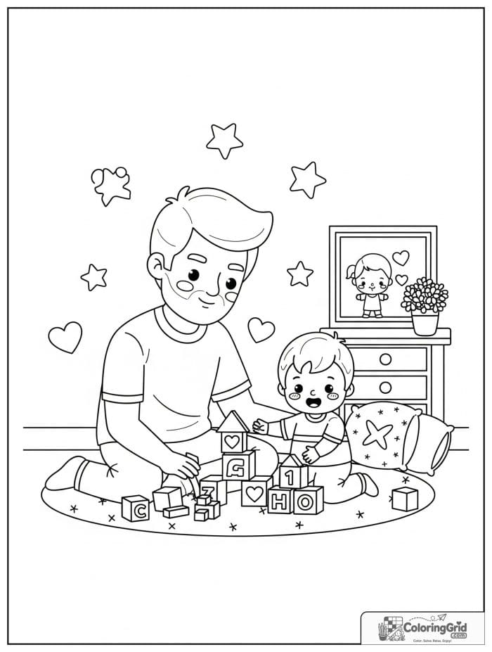 Dad and son playing with building blocks for Father's Day.