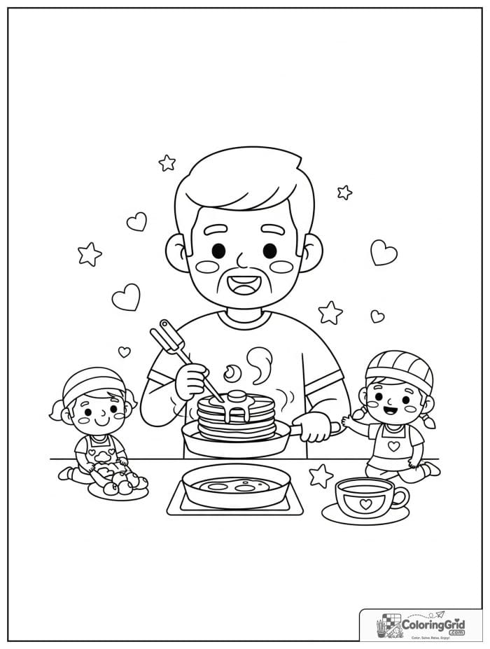 Dad cooking breakfast with kids for Father's Day.