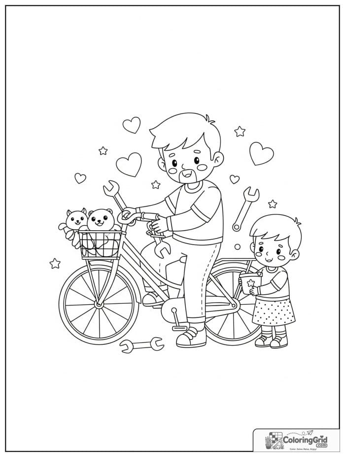 Dad fixing a bike with his child for Father's Day.
