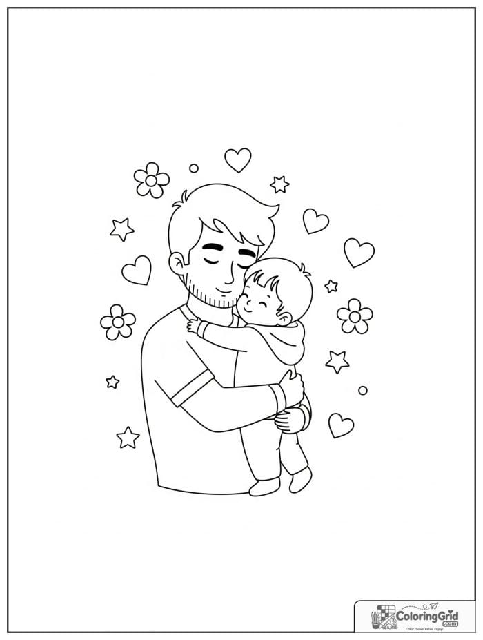 Dad hugging his child with hearts and flowers for Father's Day.