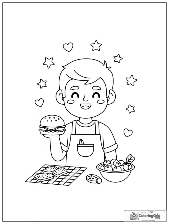 Dad wearing an apron and holding a burger for Father's Day.