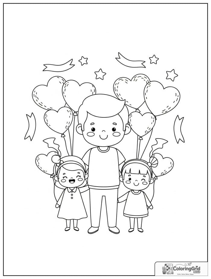 Dad with two kids and heart balloons for Father's Day.
