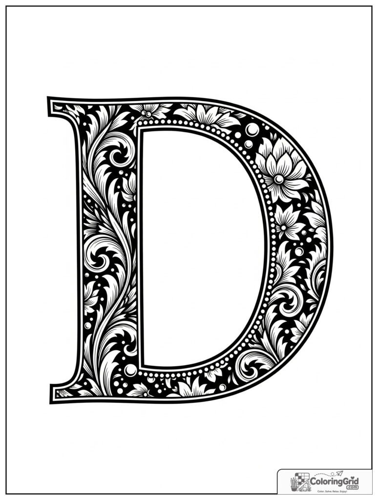 Damask letter D adult alphabet coloring design with ornamental frame