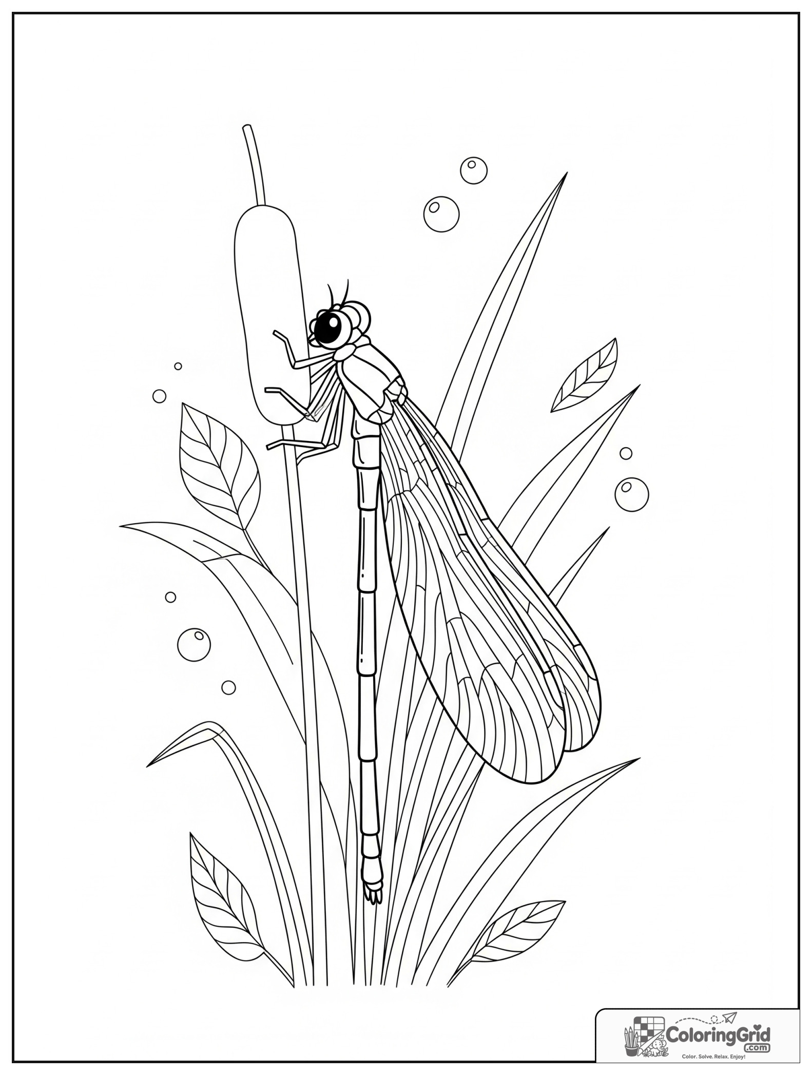 Cute damselfly on a reed with small bubble and leaf decorations.