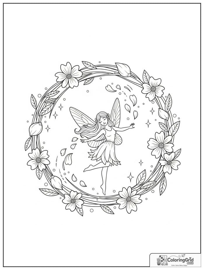 Fairy coloring page featuring a dancing fairy in a flower ring.