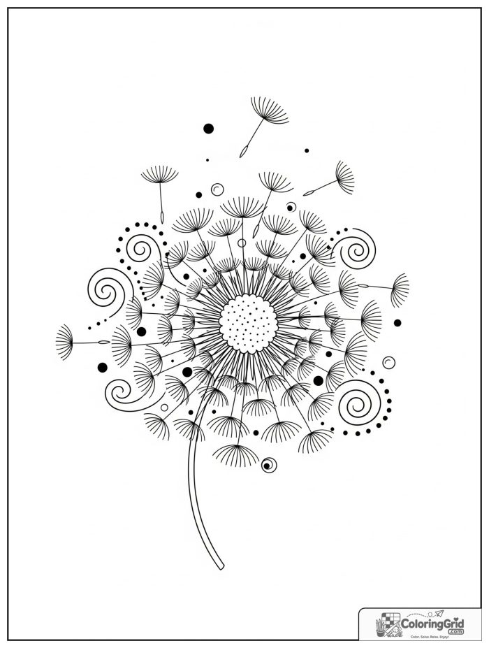 Relaxing dandelion mandala with floating seed-like petals.