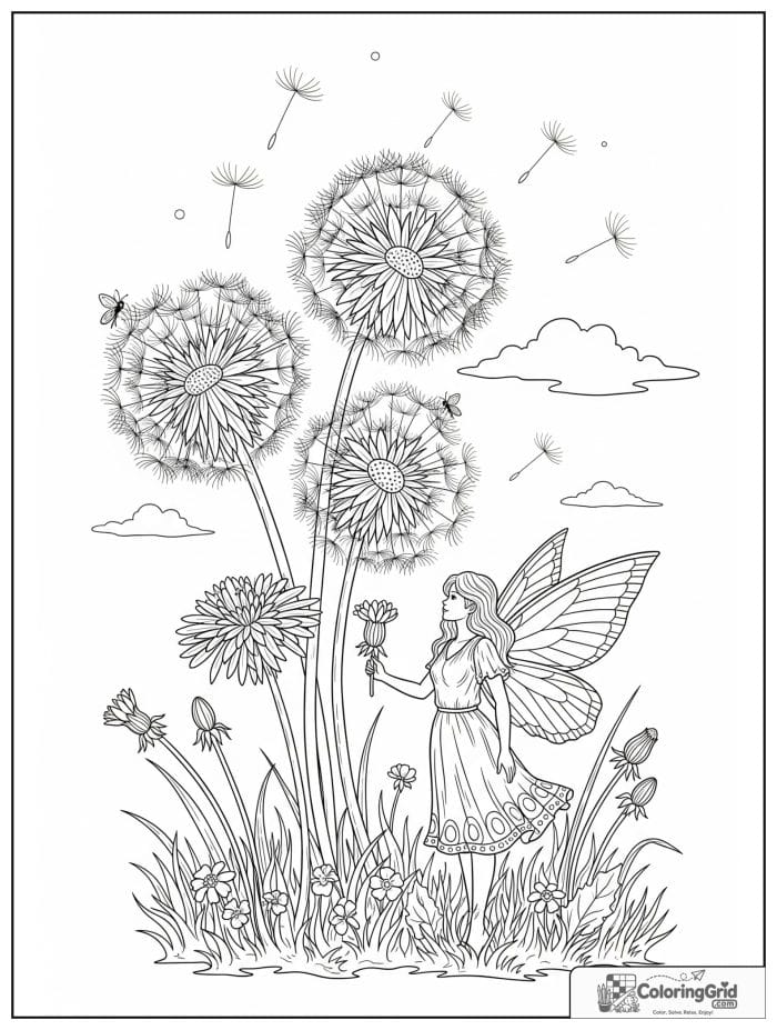 Fairy coloring page featuring a fairy in a field of giant dandelions.