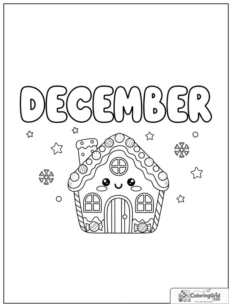 Cute December gingerbread house with small snowflake decorations.