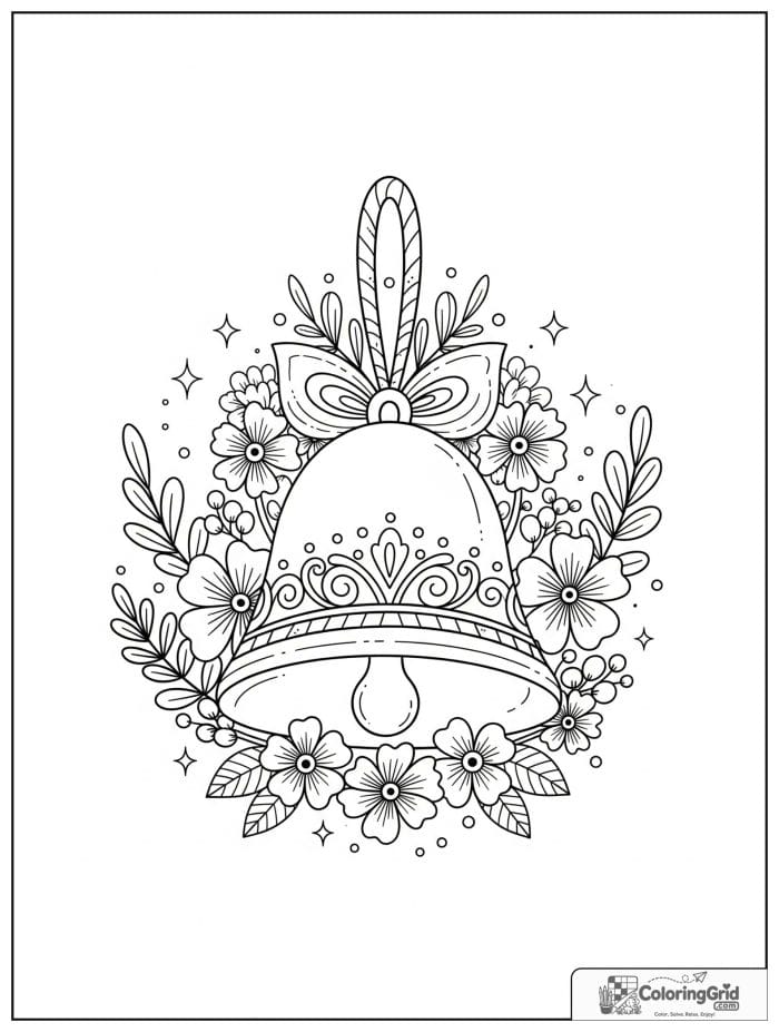 Decorative bell surrounded by flowers and leaves.