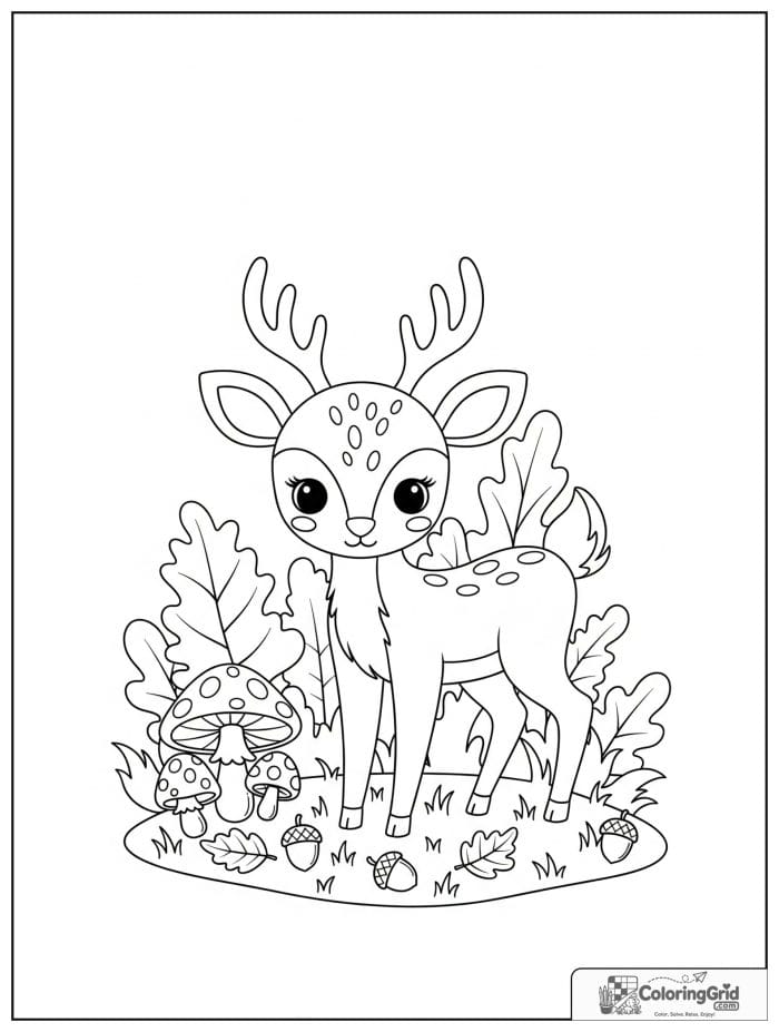Fall Coloring Pages showing a deer in an autumn forest.
