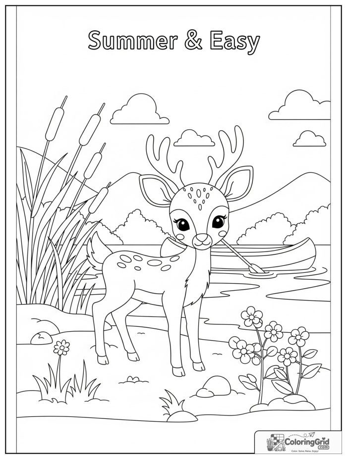 Summer Camp Coloring Pages showing a deer near the camp lake.