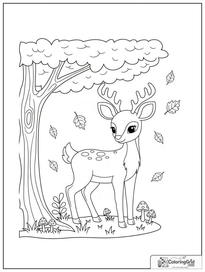 Autumn Leaves Coloring Pages showing a deer under an autumn tree.
