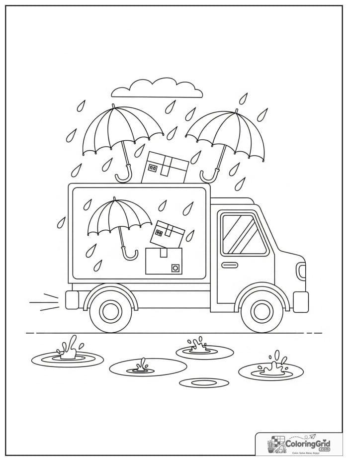 Truck coloring page featuring a delivery truck on a rainy day.