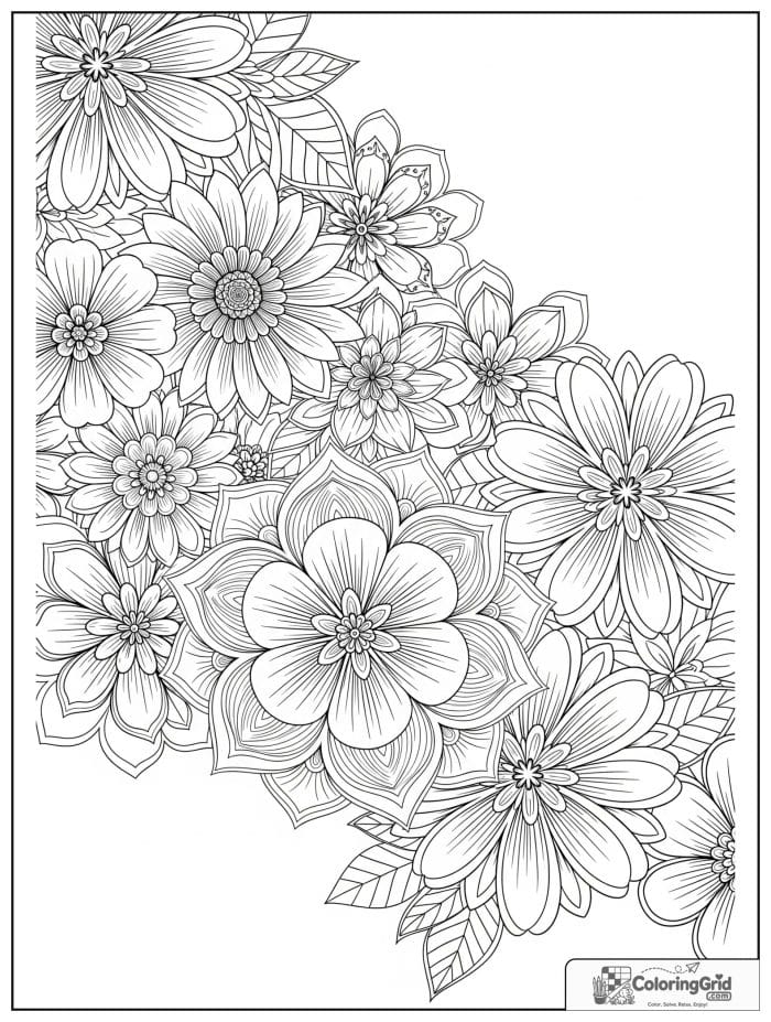 Flower mandala with many blossoms and rich ornamental detail.