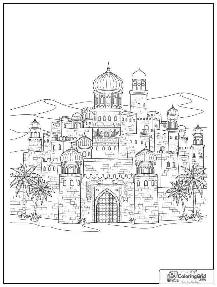 Castle coloring page featuring a sandstone castle in the desert.