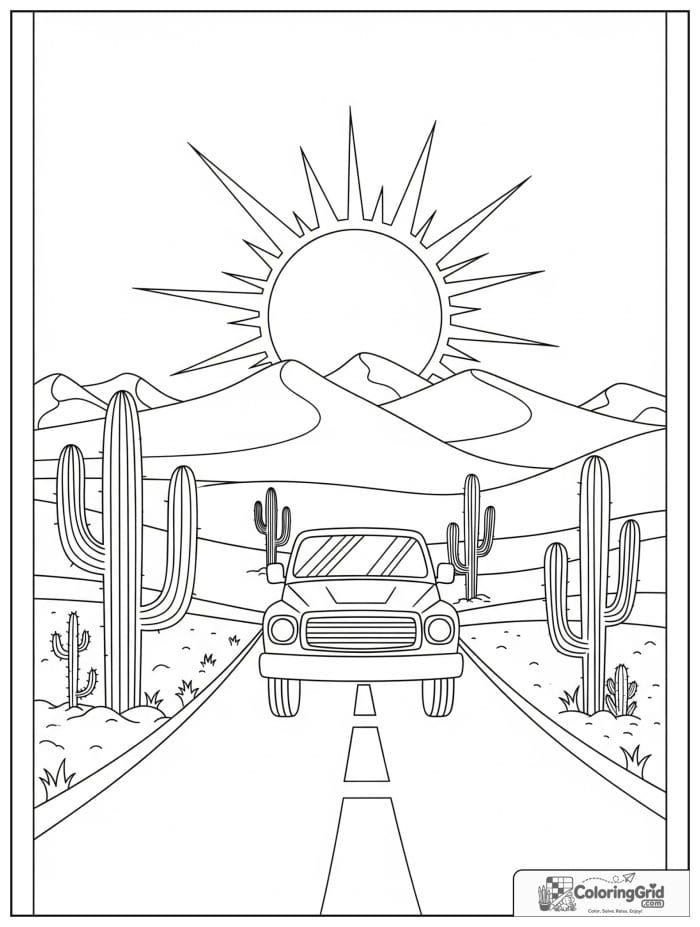 Truck coloring page featuring a truck on a desert road with cacti.