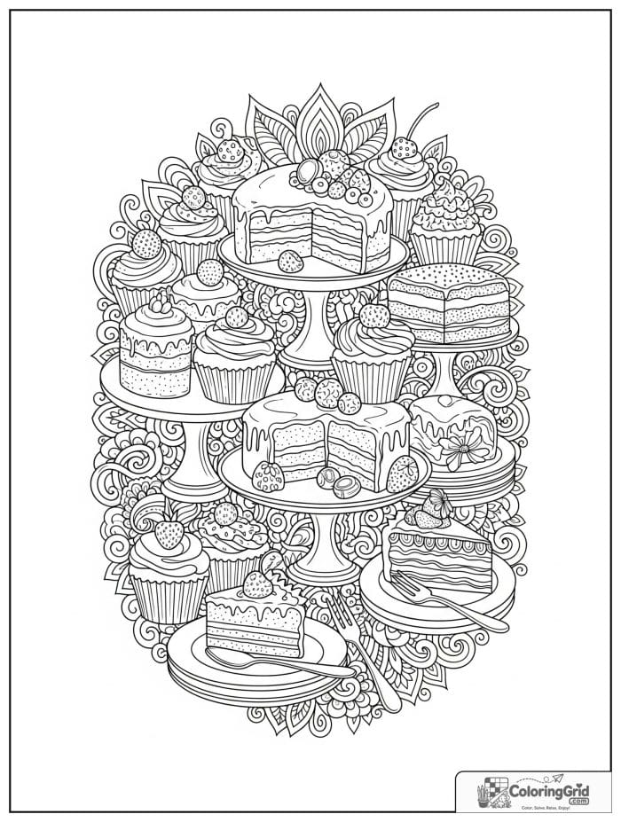 Dessert table full of cakes for Cake Coloring Pages