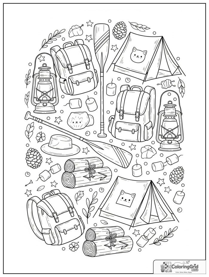 Summer Camp Coloring Pages featuring a detailed camp adventure border.