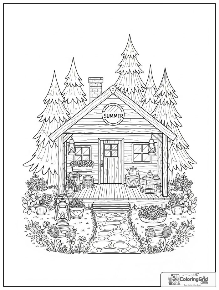 Summer Camp Coloring Pages featuring a detailed camp cabin and forest.