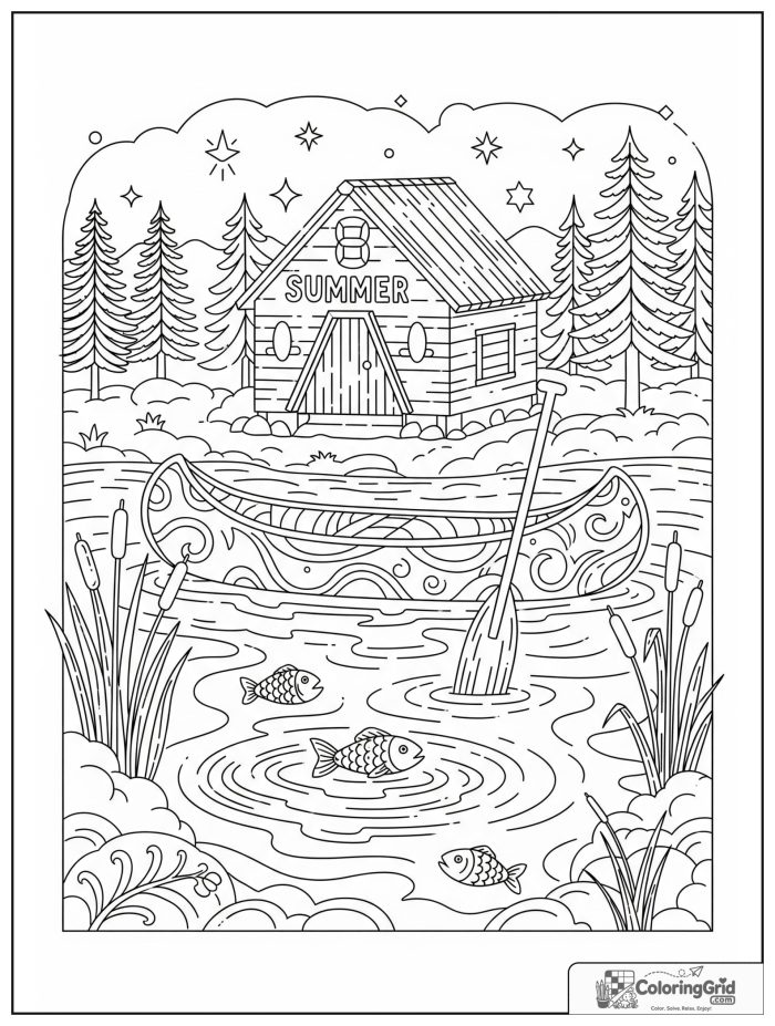 Summer Camp Coloring Pages showing a detailed camp lake adventure.