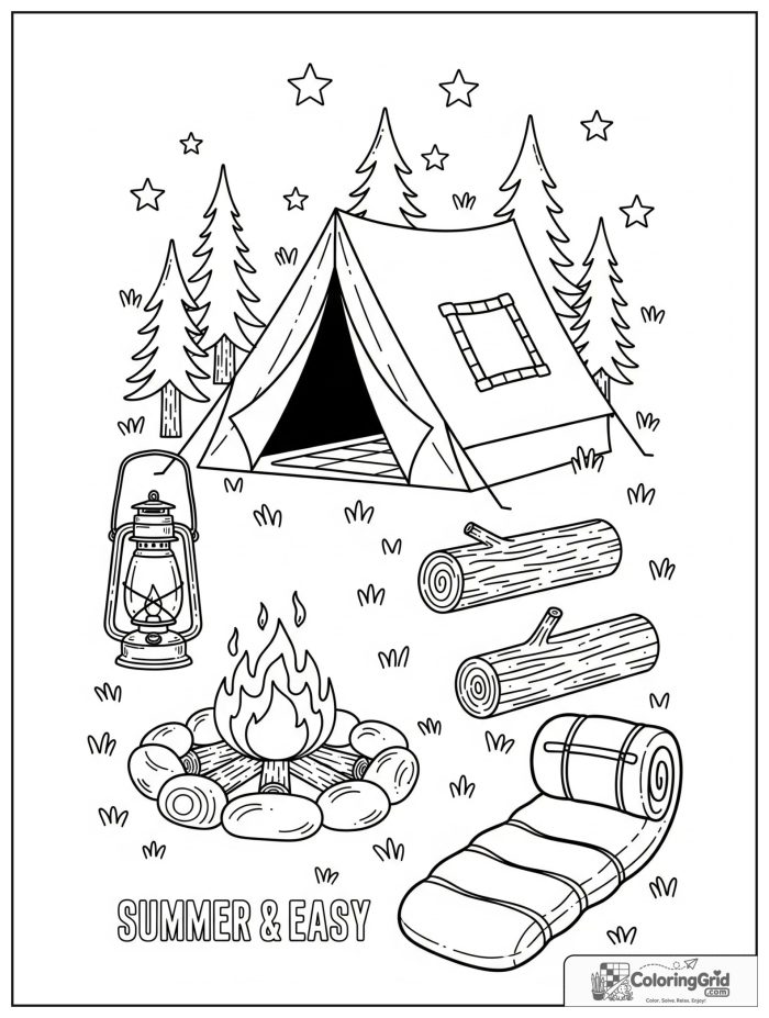 Summer Camp Coloring Pages featuring a detailed campfire and tent scene.