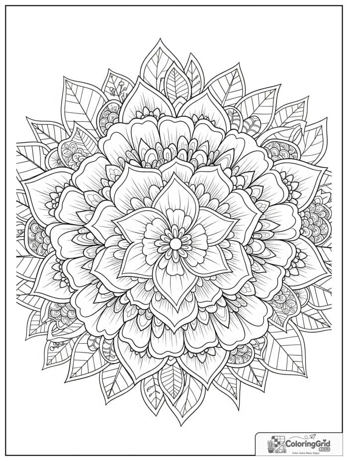 Easy mandala coloring page featuring a more detailed floral pattern.