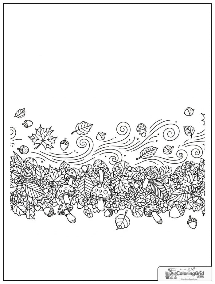 Autumn Leaves Coloring Pages showing a detailed falling leaves border scene.