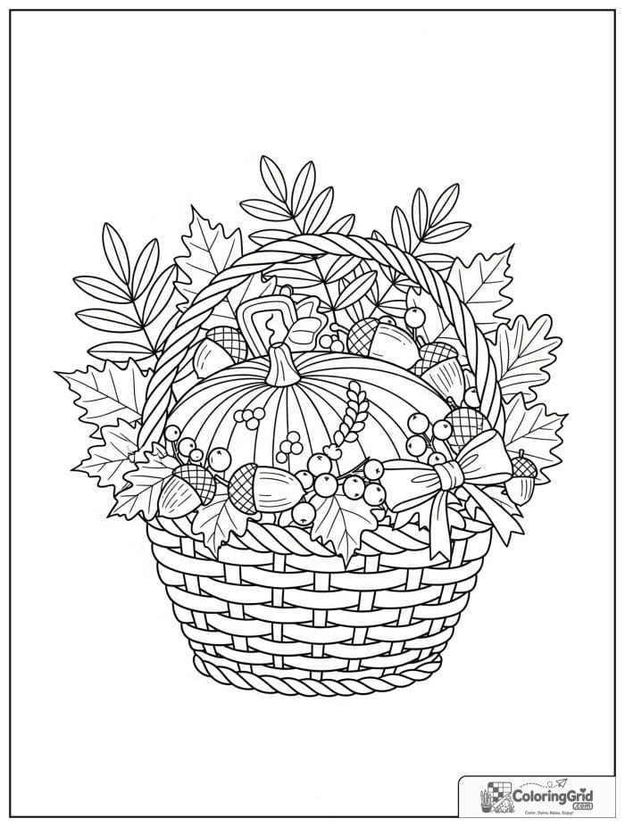 Autumn Leaves Coloring Pages featuring a detailed harvest basket of leaves.