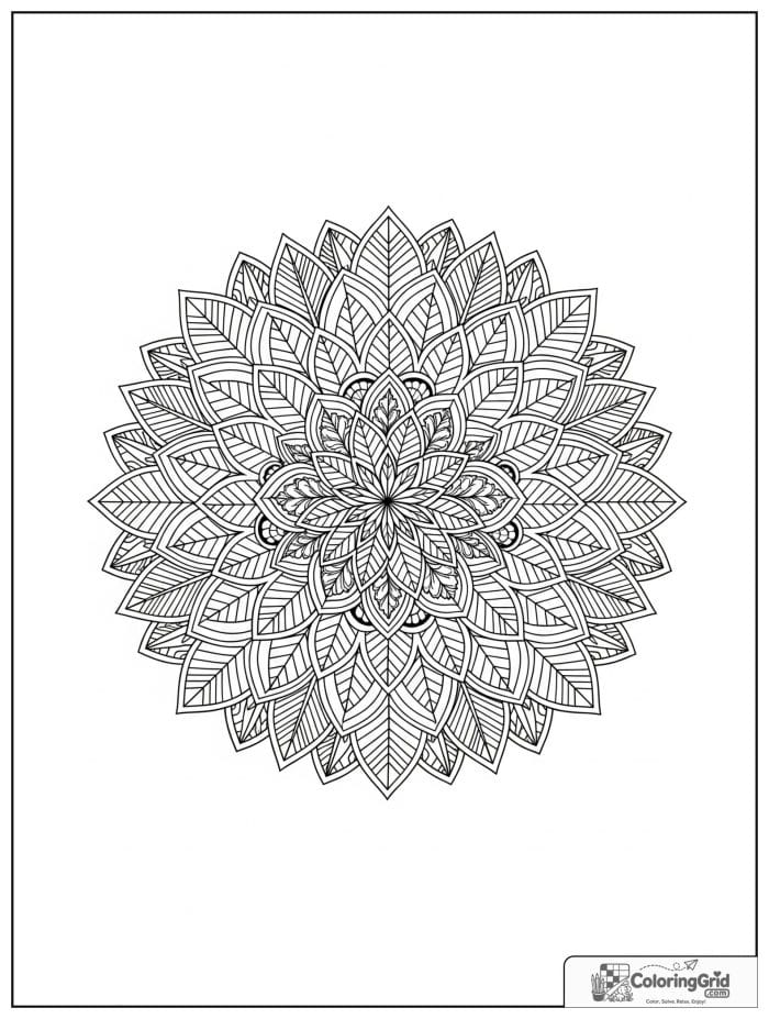 Easy mandala coloring page featuring a detailed leaf wheel pattern.